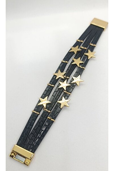 ndjewelry Stella Black Leather Gold Star Magnetic Bracelet (19 cm)