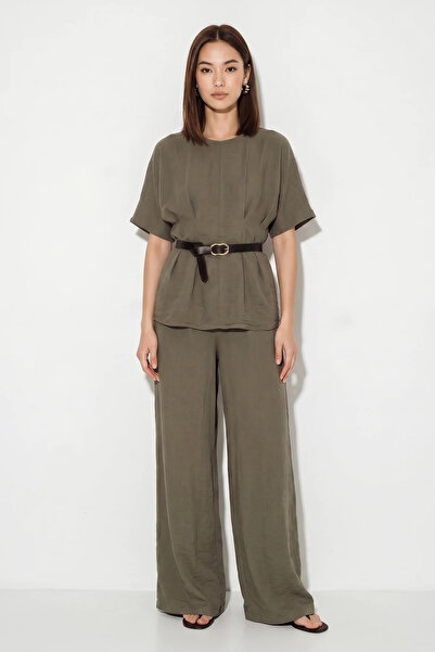 Efnaz style Women's Waist Belt Detailed Blouse Pocket Loose Trousers Pera Lin...