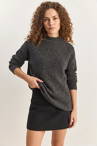 Efnaz style Women's Crew Neck Raglan Sleeve Knitted Patterned Soft Textured K...