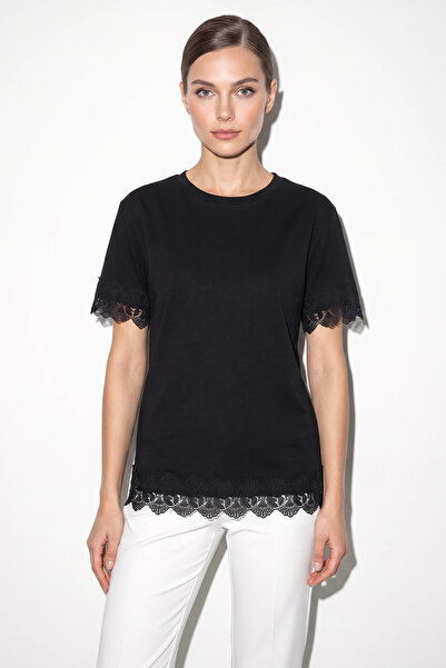 Şeker Portakalım Women's Crew Neck Lace Detailed Oversize t Shirt Black