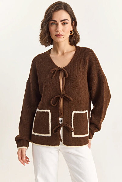 Efnaz style Women's Front Tie Pocket Detailed Knitwear Brown Cardigan