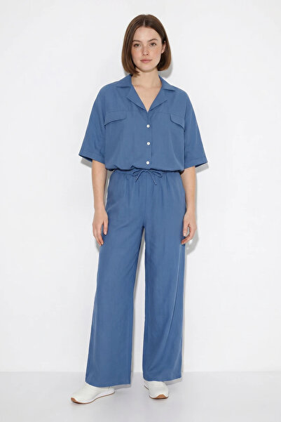 Şeker Portakalım Women's Shirt Collar Balloon Sleeve Wide Leg Indigo Trousers...