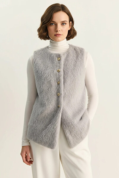 Efnaz style Women's Soft Textured Bearded Button Detailed Lined Gray Vest