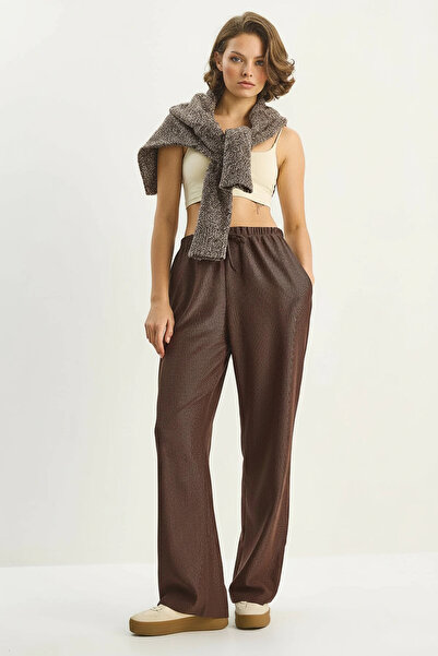 Efnaz style Women's Elastic Waist Ribbed Palazzo Bitter Brown Trousers with P...