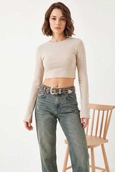 Generic Brand Women's Beige Blouse with Finger-Hole Detail
