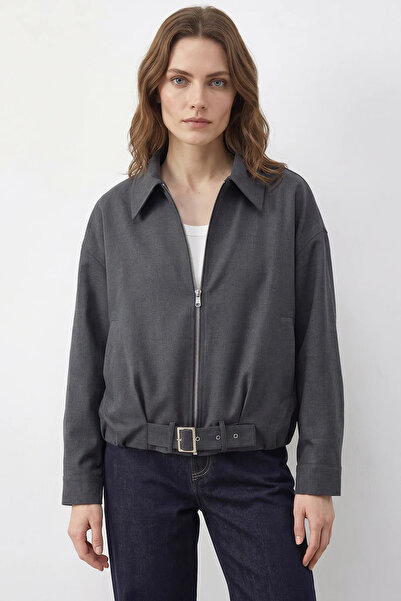 Efnaz style Women's Oversize Belt Detailed Zippered Lined Bomber Anthracite J...