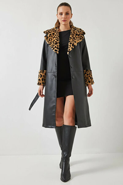 Efnaz style Women's Collar and Sleeves Leopard Fur Leather Trench Coat Black
