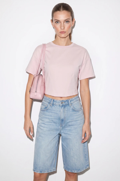 Efnaz style Women's Crew Neck Crop Blouse with Corsage Stitching Detail in Ca...