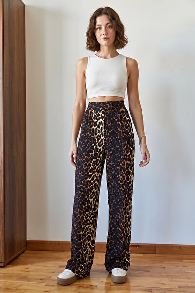 Efnaz style Women's Leopard Patterned Velcro Palazzo Trousers with Pocket Det...