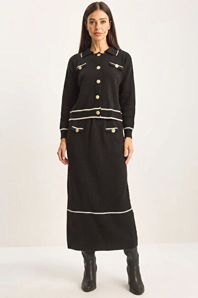Şeker Portakalım Women's Gold Button Detailed Long Skirt Knitwear Black Top a...