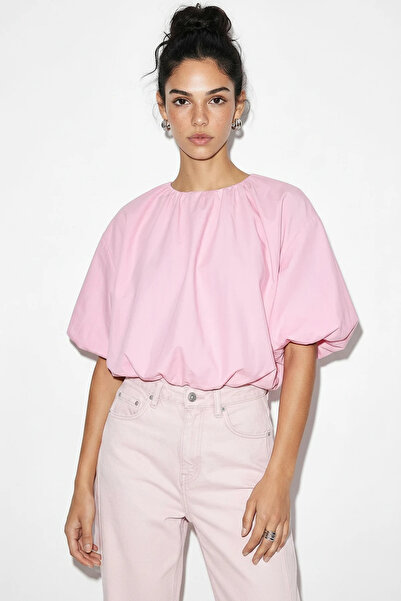 Efnaz style Women's Crew Neck Poplin Balloon Pink Blouse