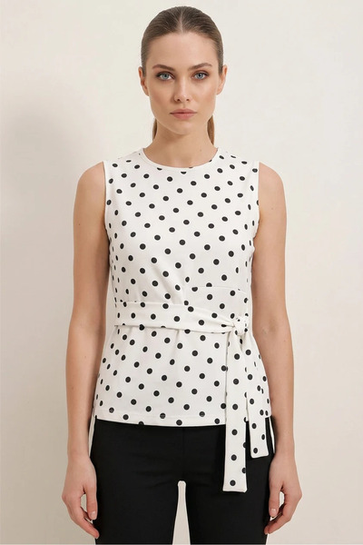 Generic Brand Women's Zero Sleeve Belted Dot Patterned White Blouse