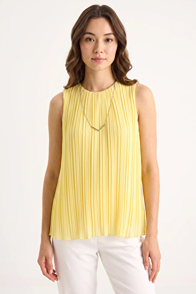 Efnaz style Women's Pleated Lemon Yellow Blouse with Metal Pendant Accessorie...