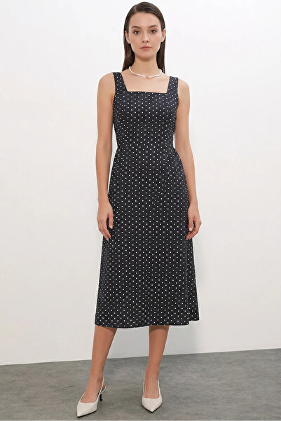 Şeker Portakalım Women's Square Neck Polka Dot Black Dress
