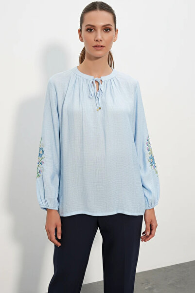 Şeker Portakalım Women's Lace-Up Collar Oversize Embroidered Floral Patterned...