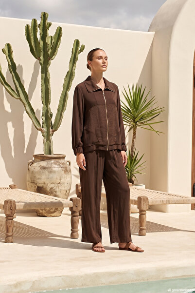 Nuss Collar Shiny Fabric Detail Shirt Trousers Set 1026 Brown