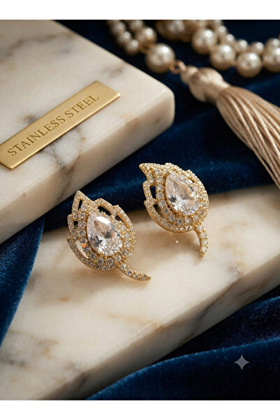 stainless steell Brass Gold Color Zircon Stone Leaf Model Earrings