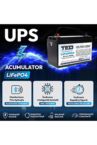 TED Electric Pachet UPS 1000VA/700W Runtime Extins cu Acumulator Extern LiFePO4 12V 100Ah, până la 6.000 de Cicluri, BMS Inteligent, Monitorizare Bluetooth, Undă Sinusoidală Pură și 2 Prize Schuko –