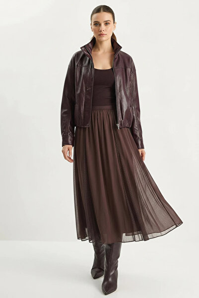Generic Brand Women's Flexible Waist Tulle Detailed Lined Long Chiffon Brown ...