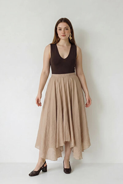 Generic Brand Women's Elastic Waist Crush Effect Lined Flounce Long Mink Skirt