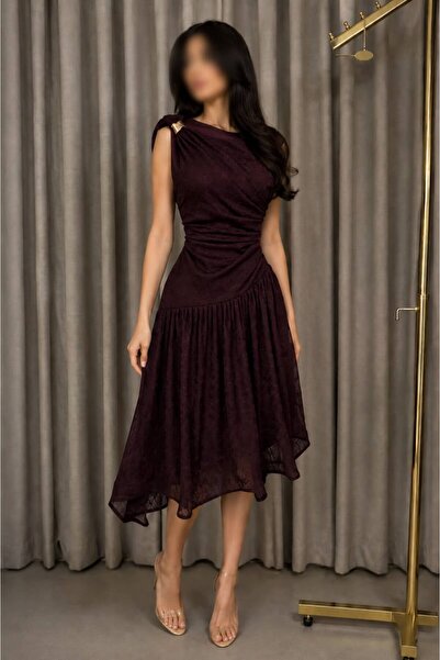 ELORA FASHION فستان ميدي أنيق باللون البرغندي الداكن، بتصميم كتف واحد وتفصيل ...