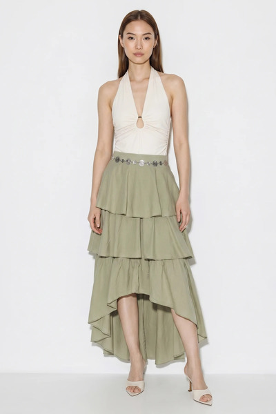 Efnaz style Women's Layered Asymmetrical Midi Green Skirt with Volan Detail