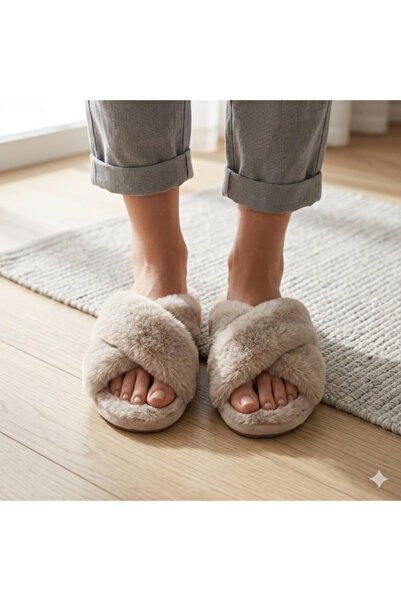 Generic Brand "Luxury Cross" Soft Fur Slipper with Crossed Straps - Light Beige