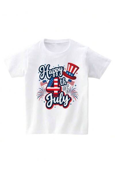 2BIR Happy July 4th Patriotic Theme T-Shirt, Short Sleeves With American Flag...