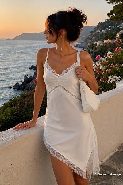Madmext White Lace Detailed Asymmetrical Women's Satin Dress Mg2898