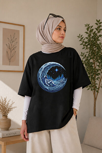 BAGAND Premium Moon Astronaut Printed Oversize Unisex T-Shirt Black Space Nig...
