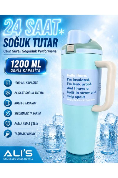 Alis ALI’S 1200 ML Kulplu Pipetli Paslanmaz Çelik Termos 24 Saat Soğuk Tutar ...