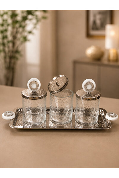 MuratogluHome Vivalli Silver Dövme Metal Tepsili 3'lü Cam Kavanoz Seti Taşlı Kulplu Baharatlık Şekerlik (50x20 cm)
