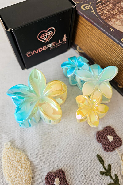 Cinderella Set of 2 Pearlescent Turquoise Yellow Floral Lotus Hair Clips - Ha...