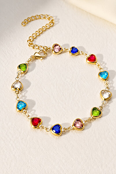 TREND COLLECTİON Renkli Taşlı Kalp Figürlü Gold Ayarlanabilir Bileklik
