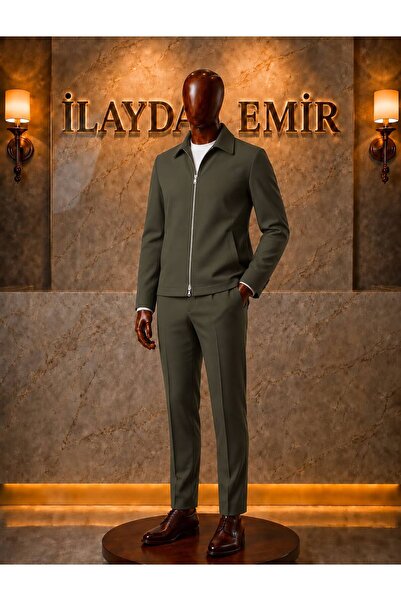 ilayda emir Men's Khaki Green Slim Fit Zippered 2-Piece Sports Suit