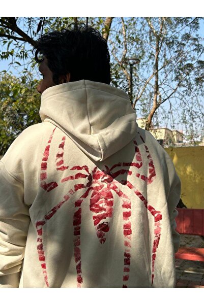 Minga London Beige Spider Printed Oversized Hooded Sweatshirt
