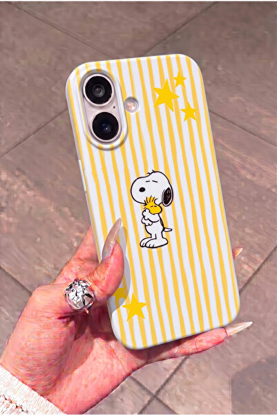 KVK PRİVACY iPhone 17 Uyumlu Snoopy Desenli Sarı Çizgili Yıldızlı Kadifemsi S...