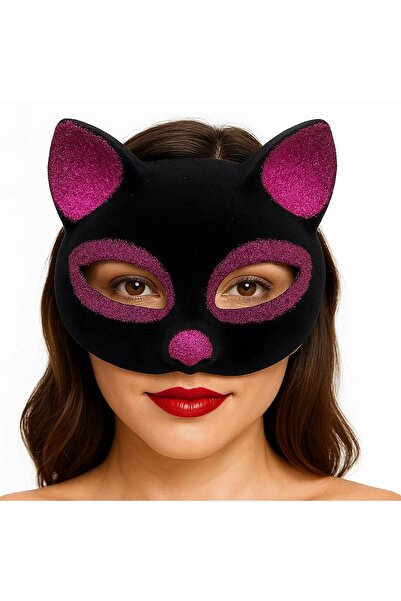 pınaxar Black Color Fuchsia Glitter Suede Coated Cat Mask 18X14 cm