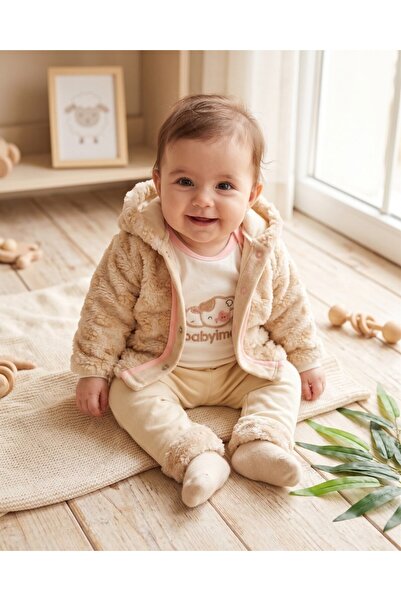 Ege Bebek Baby Girl Winter Fur Cardigan 3-Piece Newborn Set for 0-3-6-9 Months