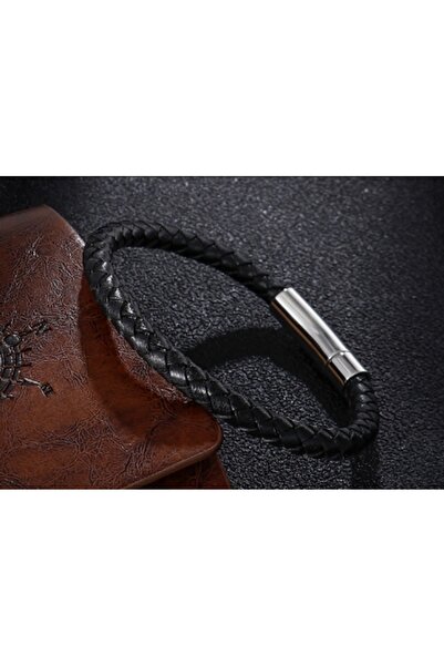NO BRAND Brățară bărbătească din piele împletită, oțel negru, 22cm