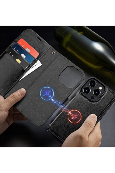 NO BRAND OCASE Husă Flip 2 în 1 Portofel MagSafe iPhone 15 Pro Max Piele Negru