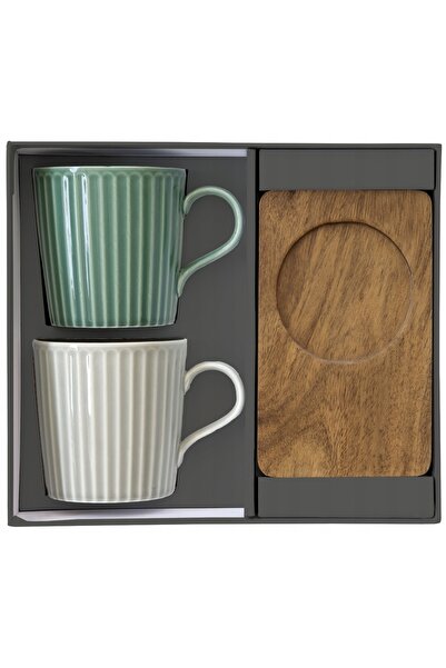 Easy Life Gallery Set de 2 căni din porțelan cu suporturi din lemn de salcâm