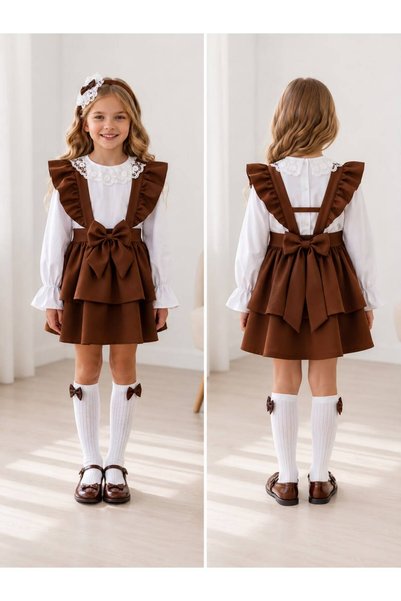 TREND NATURAL Trendnatural Baby Girl and Kids School Nursery Ruffle Bow Salopet Dress Set with Lace Blouse, Headband and Socks 4-Piece Set (1-10 Years)