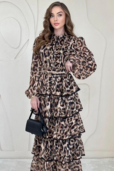 ELBEE Leopard Leopard Print Flounce Chiffon Dress