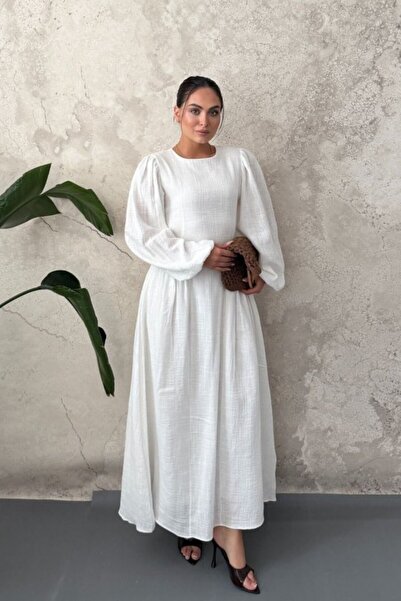 ELBEE White Skirted Long Sleeve Dress with Gathered Detail