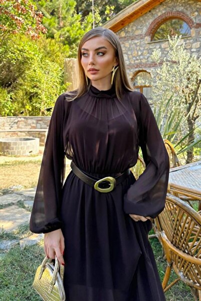 Generic Brand Brown Sleeve Elastic Detailed Lined Chiffon Dress