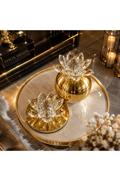 Gold Kristal Lotus Obje | Lüks Dekorasyon Aksesuarı | Salon Konsol Sehpa Süsü