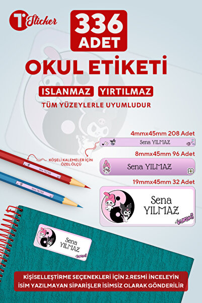 birtasarım 336 Adet Kişiye Özel Okul Etiketi KUROMI