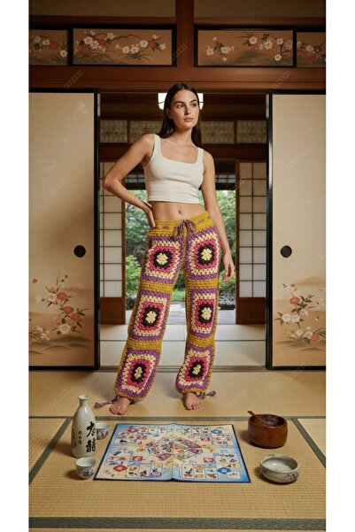 Gönülden Tasarım Hand Knitted Motif Women's Trousers Standard Size