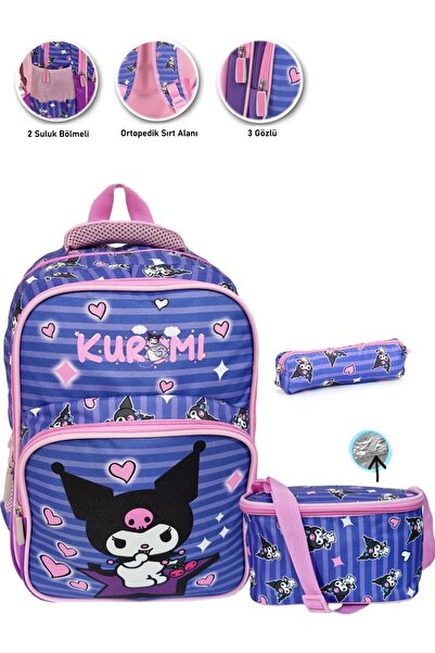 miço kids Purple Kuromi School Bag + Lunchbox + Pen Holder + Backpack
